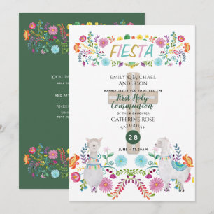 Mexican Fiesta HOLY COMMUNION Folk Flowers Llama Invitation