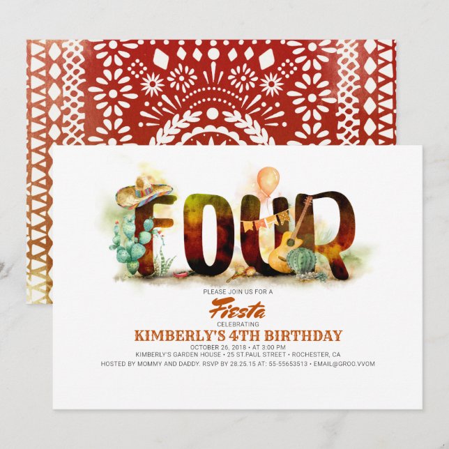 Mexican Fiesta Kids 4th Birthday Party Invitation (Front/Back)