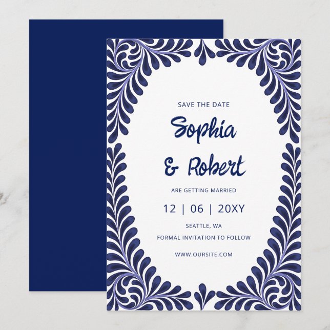 Mexican Fiesta Navy Blue Talavera  Save The Date (Front/Back)