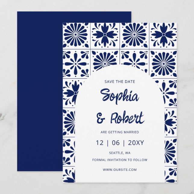 Mexican Fiesta Navy Blue Talavera Tiles Save The Date (Front/Back)