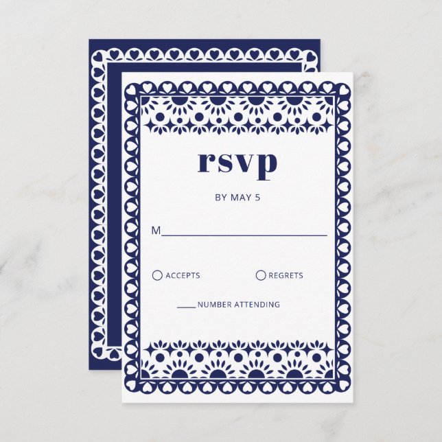Mexican Fiesta Navy Papel Picado Boho Wedding RSVP Card (Front/Back)