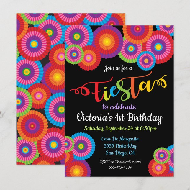 Mexican Fiesta Paper Flower Fans Invitations (Front/Back)