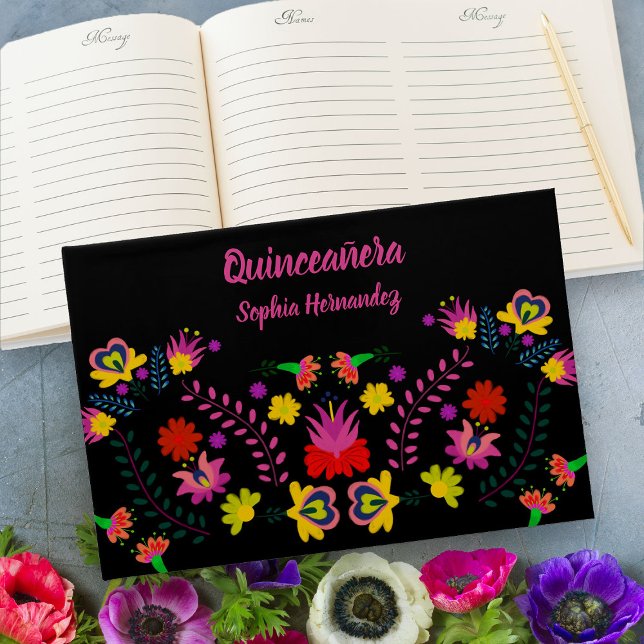 Mexican Fiesta Party Floral Quinceanera Black Guest Book (Quinceanera Guest Book from my Mexican Fiesta Party Quinceanera Collection 
)