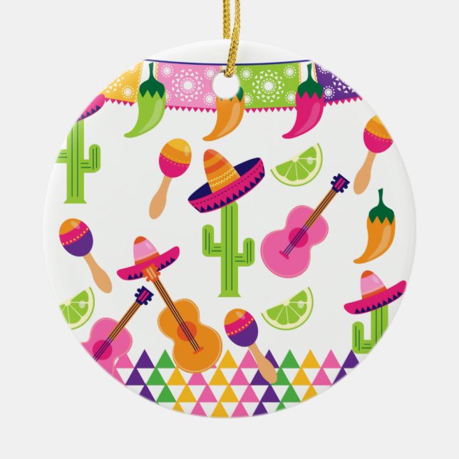 Mexican Fiesta Party Sombrero Saguaro Lime Peppers Ceramic Ornament (Front)
