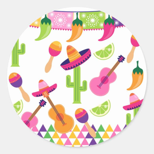 Mexican Fiesta Party Sombrero Saguaro Lime Peppers Classic Round Sticker (Front)