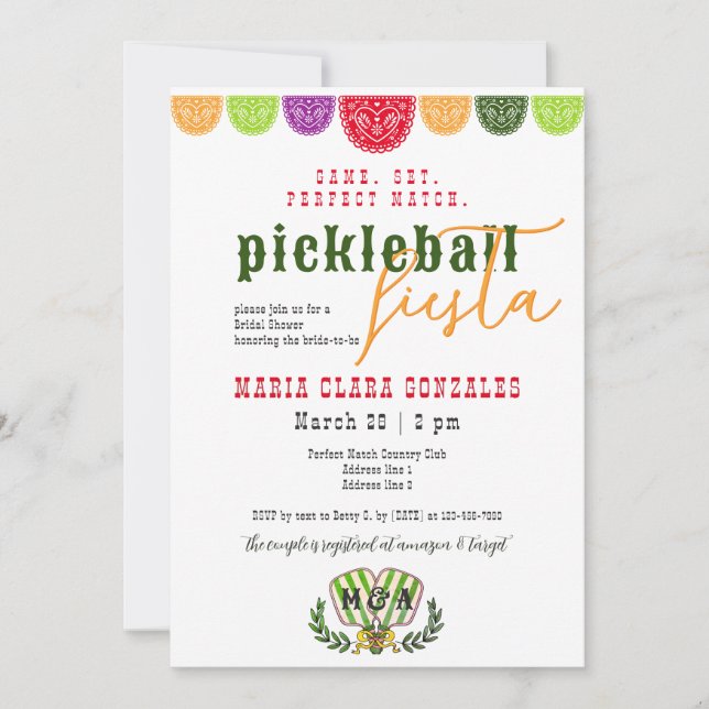 Mexican Fiesta Pickleball Bridal Couples Shower Invitation (Front)