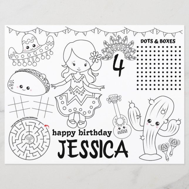 Mexican fiesta placemats, Fiesta birthday games (Front)