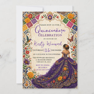 Mexican Fiesta Purple Floral Gold Quinceanera Invitation