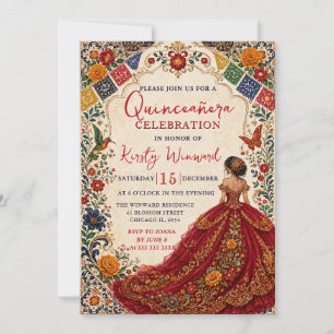 Mexican Fiesta Red Floral Gold Quinceanera Invitation