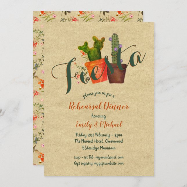 Mexican Fiesta Rehearsal Dinner Rustic Cacti Invitation (Front/Back)