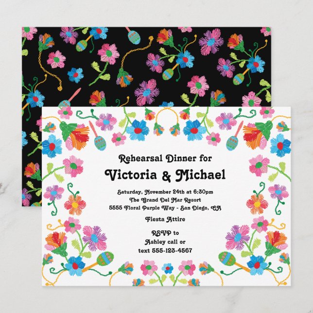 Mexican Fiesta Rehearsal Dinner with embroidery Invitation (Front/Back)