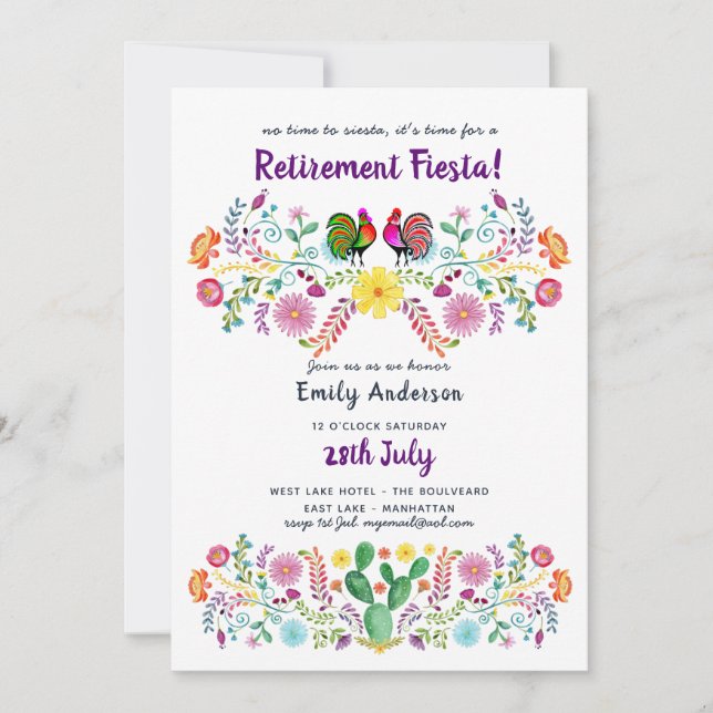 Mexican FIESTA RETIREMENT Birthday Invites Flowers (Front)