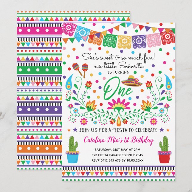 Mexican Fiesta Senorita 1st Birthday Party Invite (Front/Back)