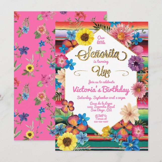 Mexican Fiesta Señorita 1st Uno Birthday  Invitation (Front/Back)
