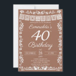 Mexican Fiesta Terracotta 40th Birthday Invitation<br><div class="desc">Celebrate a spectacular 40th birthday with this stunning Mexican-inspired party invitation! Featuring a personalized name header, bold "40th Birthday" milestone text, a white papel picado banner, intricate folk art floral border, and two lovebirds at the bottom on a warm terracotta brown background. Written in English, this invitation perfectly blends elegant...</div>