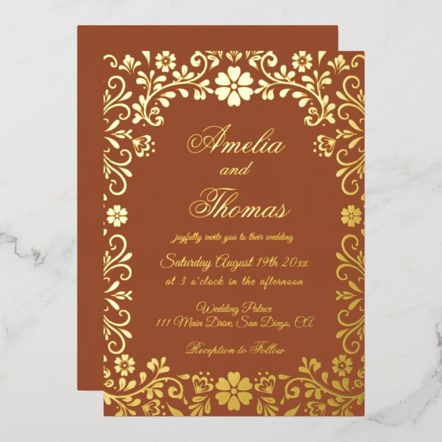 Mexican Fiesta Terracotta Gold Floral Wedding  (Front/Back)