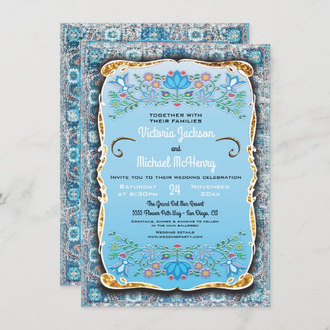 Mexican Fiesta Wedding floral gold glitter Invitation (Front/Back)