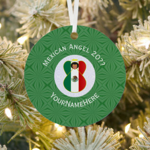 Mexican Flag Angel Green White Year Name Round Metal Ornament