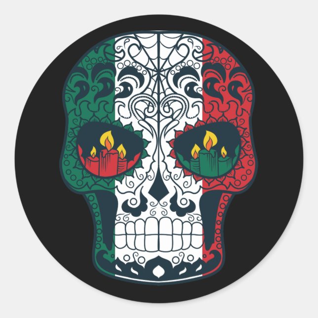 Mexican Flag Colours Day Of The Dead Sugar Skull Classic Round Sticker (Front)
