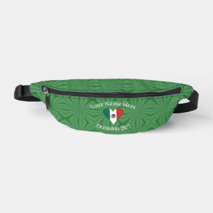 Mexican Flag Heart Green Background Personal Text Fanny Pack