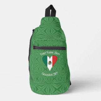 Mexican Flag Heart Green Background Personal Text Sling Bag