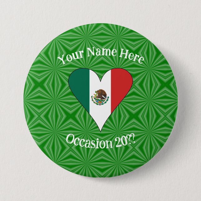 Mexican Flag Heart Green Background Personalized  3 Inch Round Button (Front)