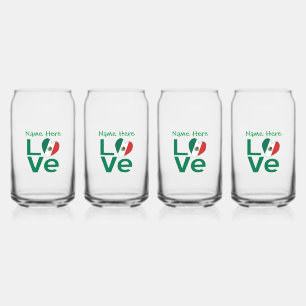 Mexican Flag Heart Green LOVE Personalized Can Glass