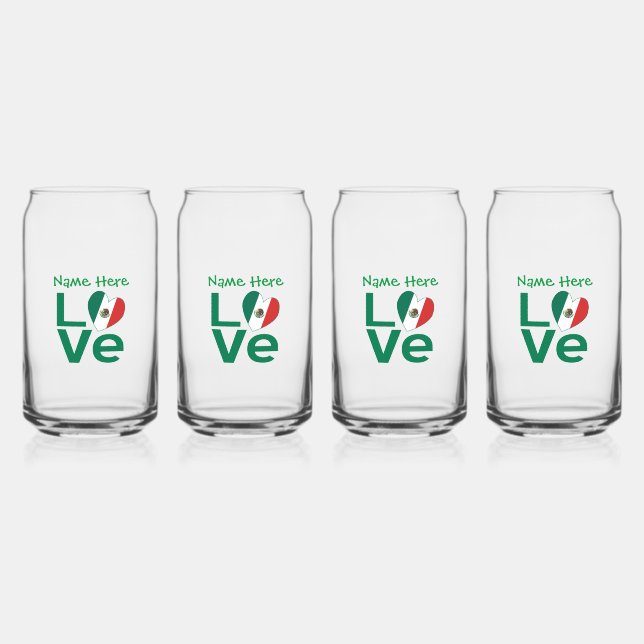 Mexican Flag Heart Green LOVE Personalized  Can Glass (Front)