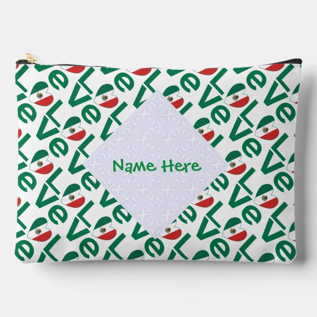 Mexican Flag Heart Green LOVE Tiled Personalized  Accessory Pouch (Front)