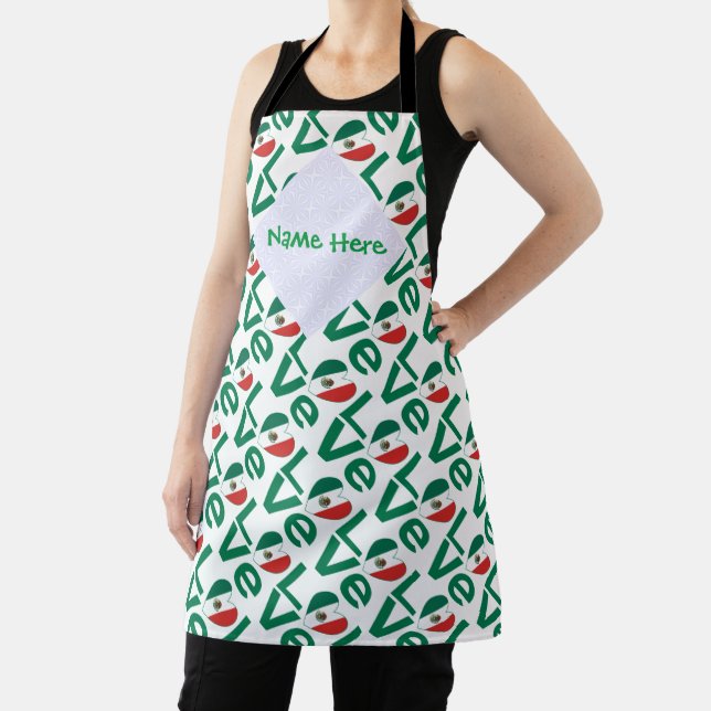 Mexican Flag Heart Green LOVE Tiled Personalized  Apron (Insitu)
