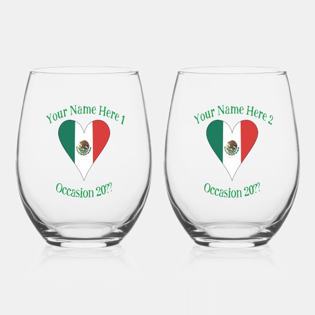 Mexican Flag Heart Personalized Drinking Stemless Wine Glass (Front)