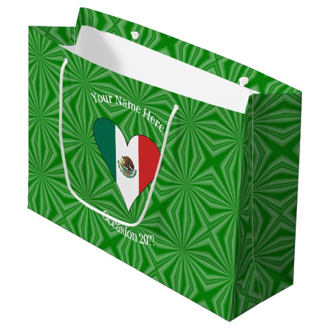 Mexican Flag Heart Personalized Large Gift Bag (Front Angled)