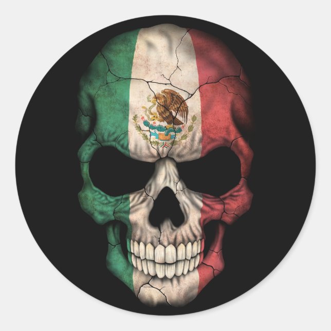 Mexican Flag Skull on Black Classic Round Sticker (Front)