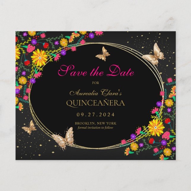 Mexican Floral Black Gold Butterfly Quinceanera (Front)