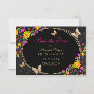 Mexican Floral Black Gold Butterfly Quinceanera Card