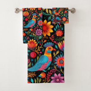 Mexican floral colourful bath towel set