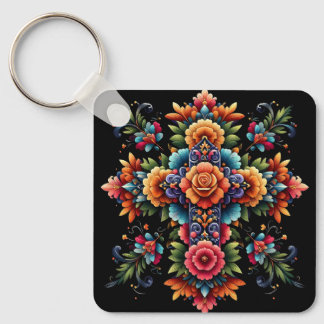 Mexican Floral Cross Design Keychain