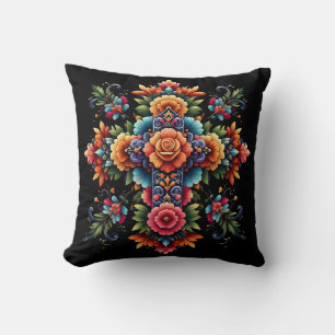 Mexican Floral Cross Design  Throw Pillow
