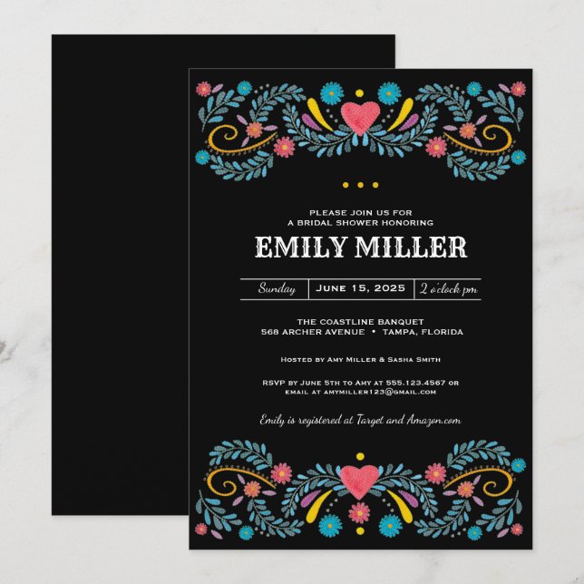 Mexican Floral Embroidery Bridal Shower Invitation (Front/Back)