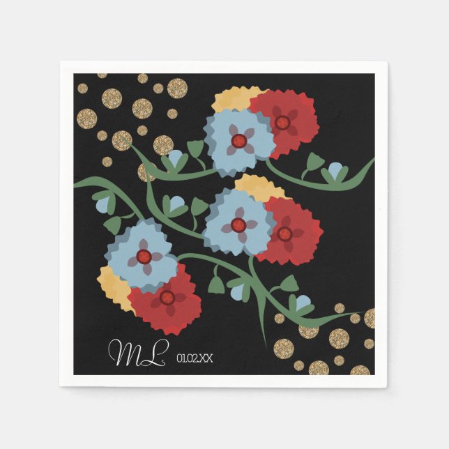 Mexican Floral Faux Glitter Festive Dots Wedding Napkin (Front)