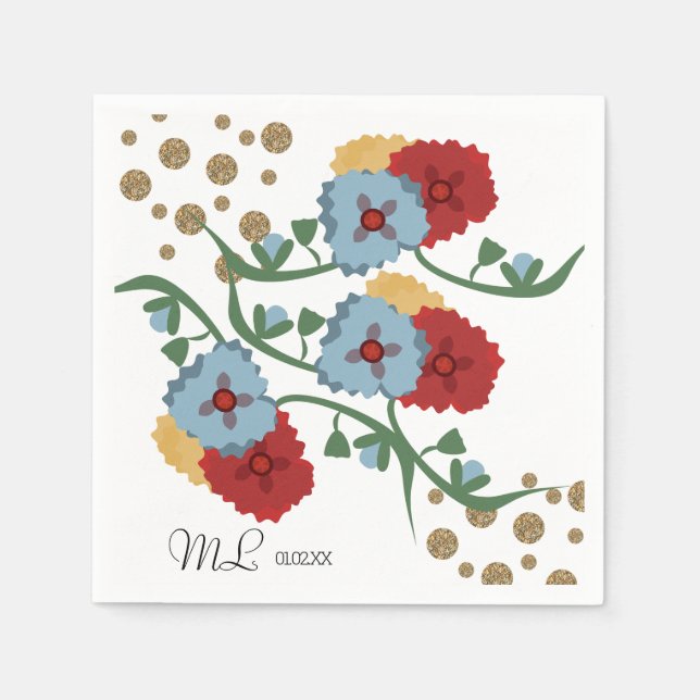 Mexican Floral Faux Glitter Festive Dots Wedding Napkin (Front)