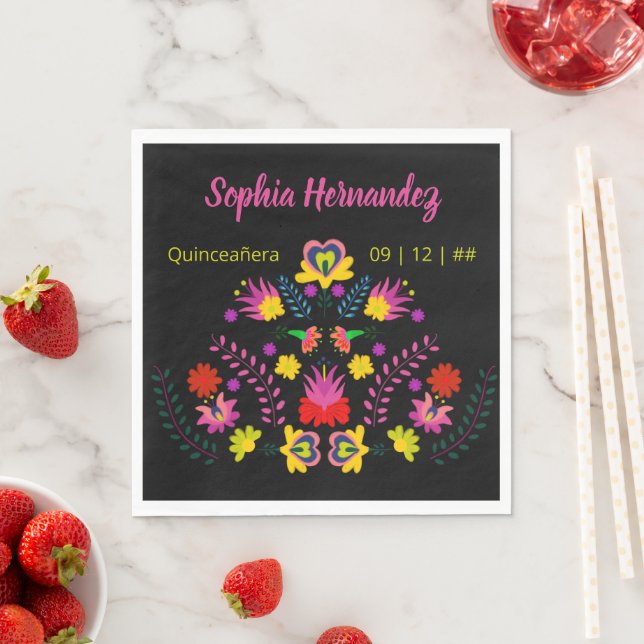 Mexican Floral Fiesta Party Any Occasion Black Napkin (Insitu)