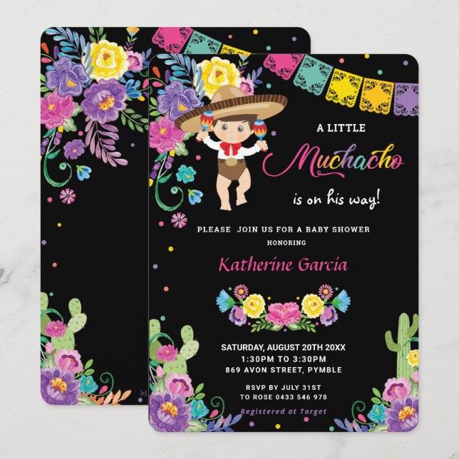 Mexican Floral Little Muchacho Boy Baby Shower  Invitation (Front/Back)