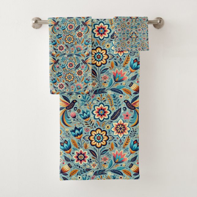 Mexican floral pattern bath towel set (Insitu)