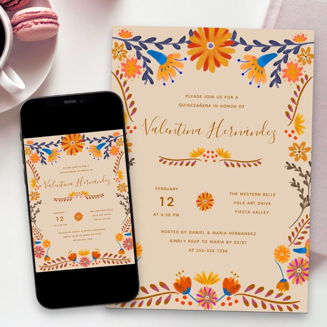 Mexican Floral Pretty Folk Art Quinceanera Invitation (Quinceanera invitation with earthy western flowers from my Mexican Floral collection)
