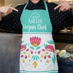 Mexican floral sea green colourful apron<br><div class="desc">Modern apron in sea green and white,  decorated with colourful Mexican flowers and red chili peppers,  and a chef hat silhouette.</div>