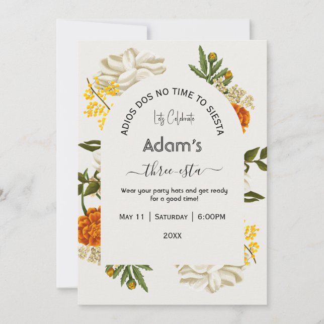 Mexican Floral Three Esta Birthday Invitation (Front)