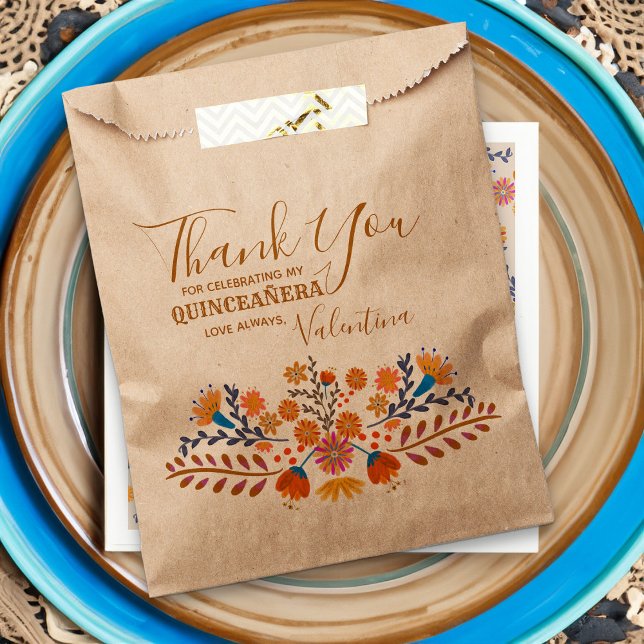 Mexican Floral Western Earth Tone Boho Quinceanera Favour Bag (Favor bags for Quinceanera or other occasion with western boho mexican floral design)