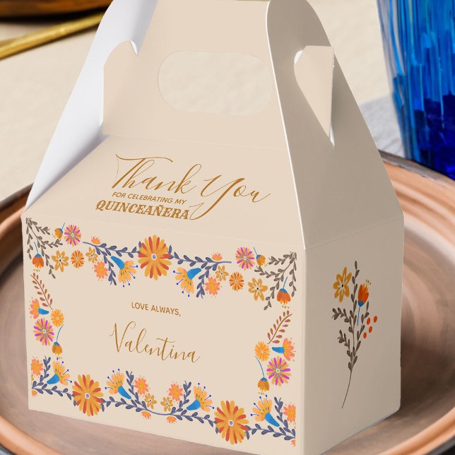 Mexican Floral Western Earth Tone Thank You Script Favor Box (Favor Boxes for Quinceanera or other occasion with western boho mexican floral design)