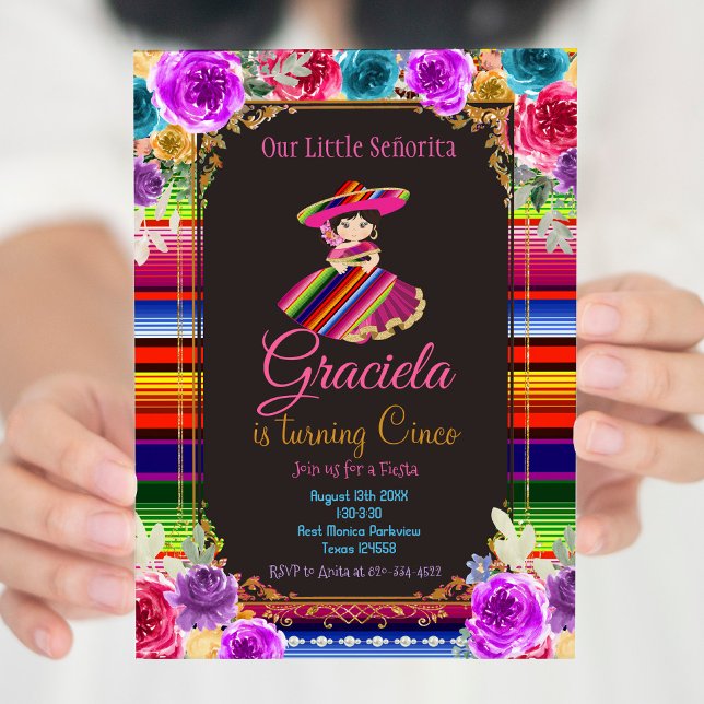  Mexican Flowers Fiesta Birthday Gold Girl   Invitation (Creator Uploaded)